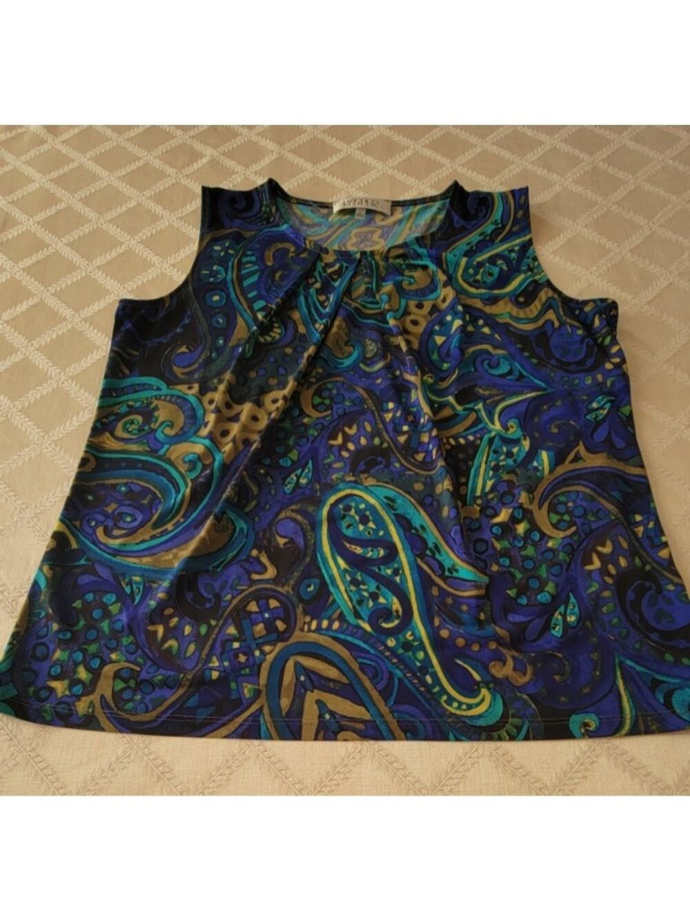 Kasper Women's Top Size L Sleeveless Paisley Blue Green Pullover Round Neck